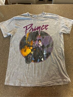 Prince Gray Graphic Tee with Purple Logo and Multicolor Artwork